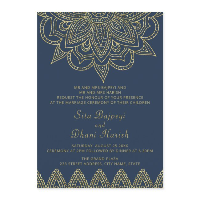 Indian Elegant Navy Gold Mehndi Hindu Wedding Invitation