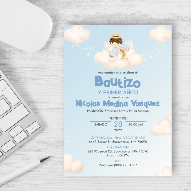 Invitacion Boy Angel Baptism And First Birthday Invitation