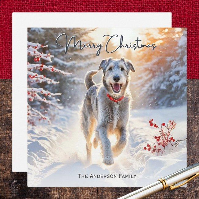 Irish Wolfhound Dog Walking Snow Merry Christmas Holiday Invitations