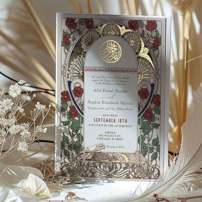 Islamic Burgundy Wedding Art Nouveau Mucha Foil Invitation