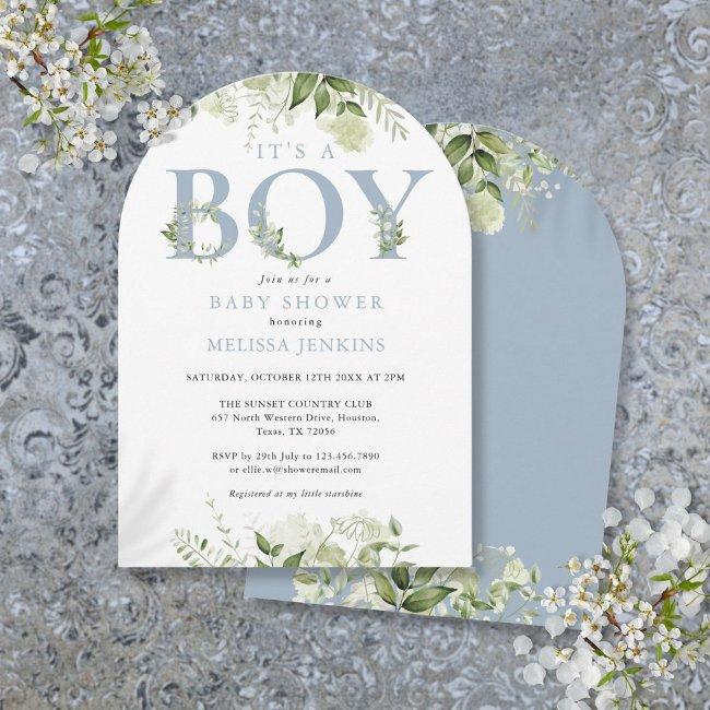 Its A Boy Dusty Blue Greenery Letter Baby Shower Invitation