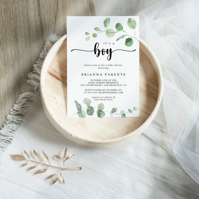 It's A Boy Green Delight Eucalyptus Baby Shower Invitation