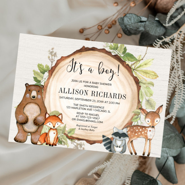 It's A Boy Rustic Woodland Animals Baby Shower Invitation