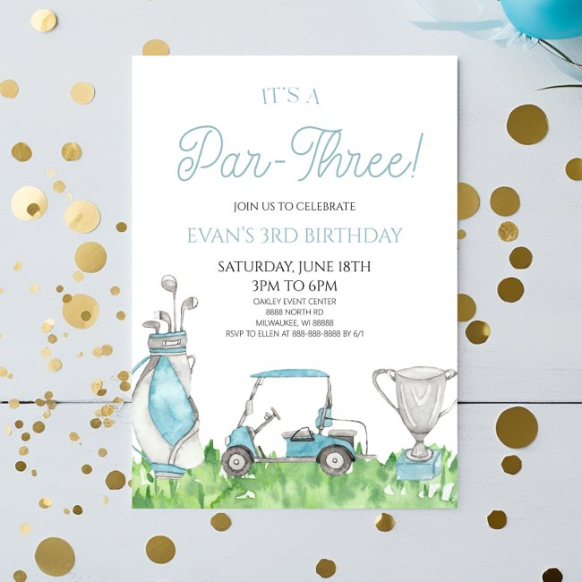 It's A Par-three! Blue Golf 3rd Birthday Party Invitation