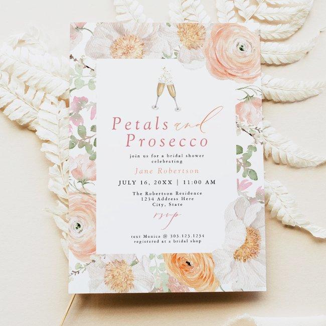 Jane Blush Floral Petals & Prosecco Bridal Shower Invitation
