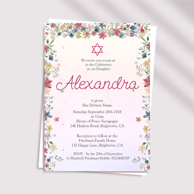 Jewish Girl Baby Naming Floral Pink Star Of David Invitation