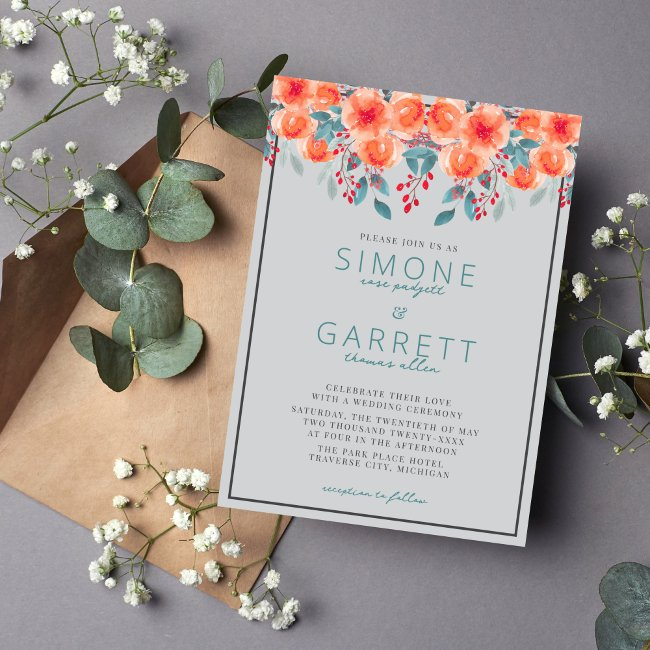 Joyful Floral Orange And Teal Wedding Invitation