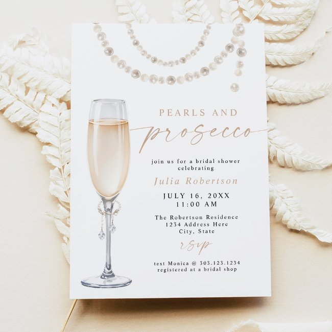Julia Boho Floral Pearls & Prosecco Bridal Shower Invitation