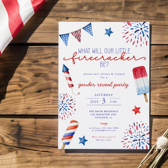 July 4th Red White Blue Gender Reveal Firecracker Invitation