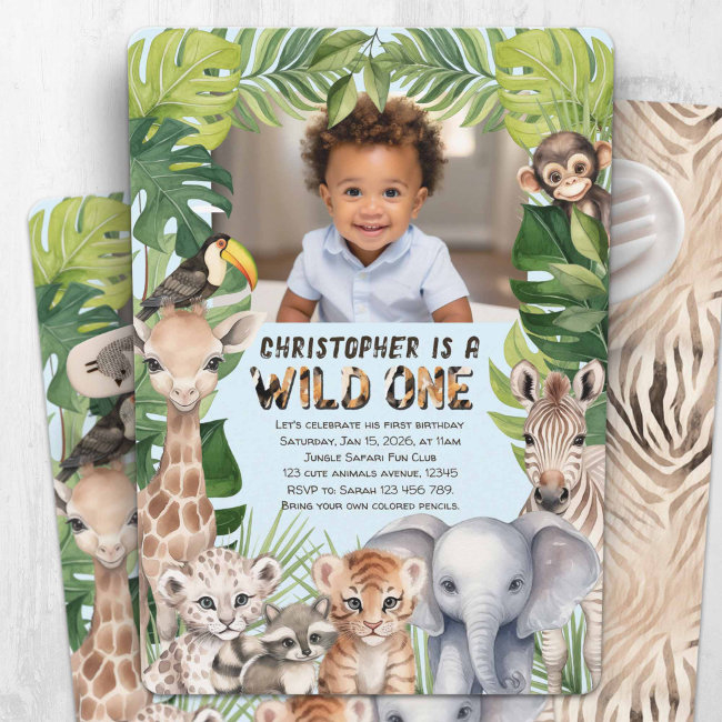 Jungle Animals Wild One 1st Birthday Photo Invitation