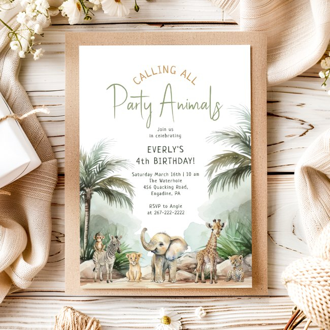 Jungle Safari "calling All Party Animals" Birthday Invitation