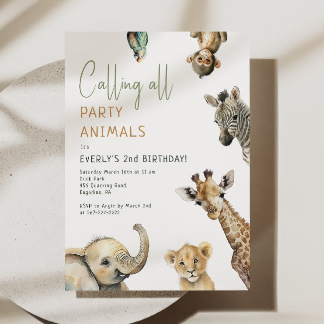 Jungle Safari "calling All Party Animals" Birthday Invitation