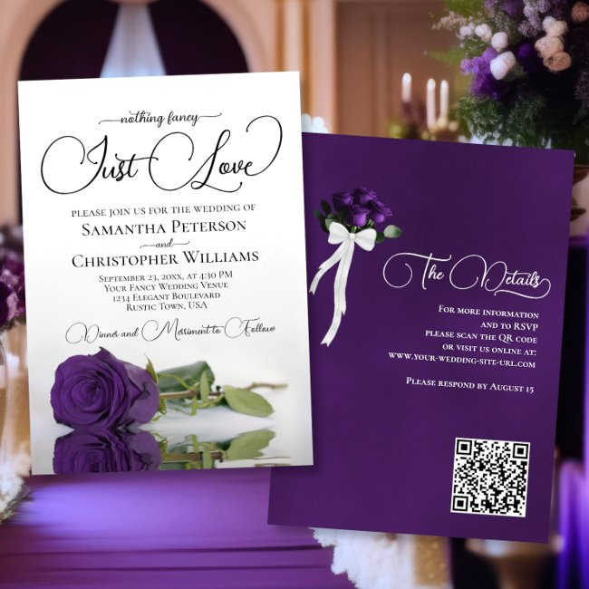 Just Love Chic Royal Purple Rose Qr Code Wedding Invitation