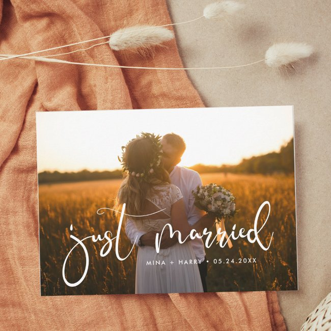 Just Married Elegant Romantic Wedding Photo Invitations
