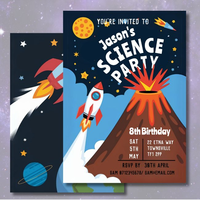 Kid's Science Party Rocket Volcano Scientist Child Invitation