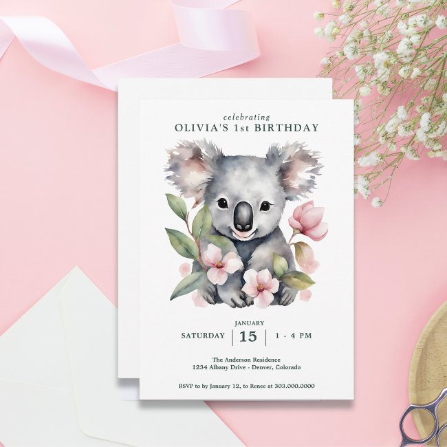 Koala Bear First Birthday Invitation