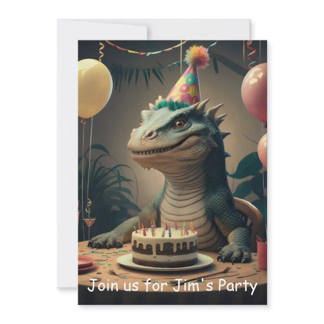 Komodo Dragon Sitting At Table With Birthday Cake Invitation