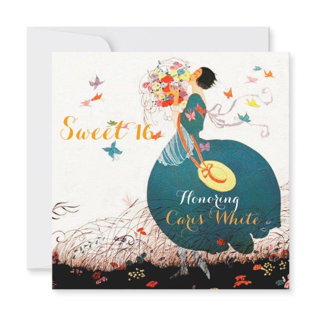 Lady With Flower Bouquet And Butterflies Sweet 16 Invitation