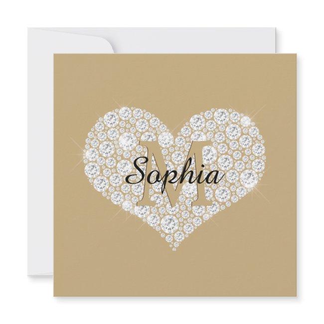 Large Diamond Heart, Gold Monogram, Script Name Invitation