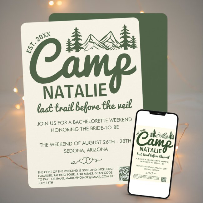 Last Trail Before The Veil Camp Bachelorette Party Invitation