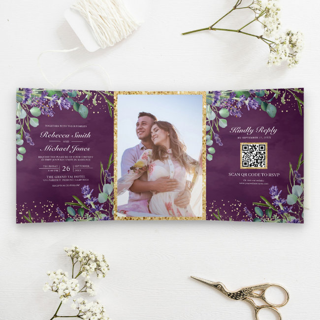 Lavender And Eucalyptus Purple Qr Code Wedding Tri-fold Invitation