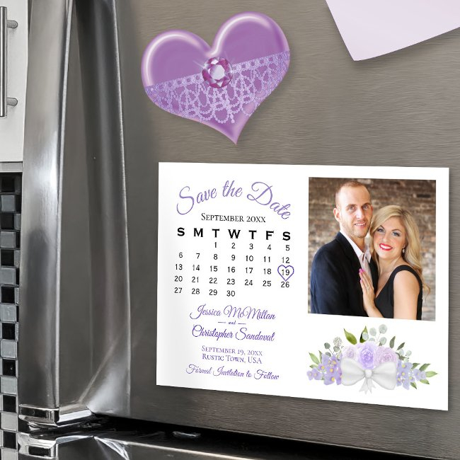Lavender Floral Calendar & Photo Save The Date Magnetic Invitation
