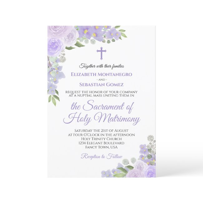 Lavender Purple Floral Modern Catholic Wedding Invitation
