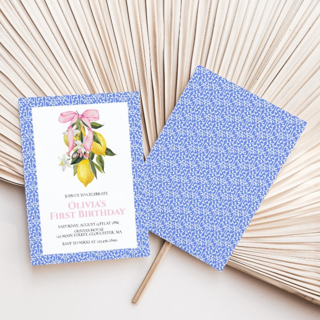 Lemon Pink Bow Preppy Coquette Birthday Invitation