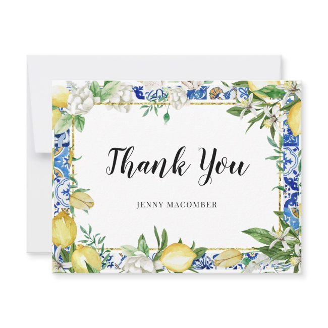 Lemon White Floral Blue Tile Thank You Invitations
