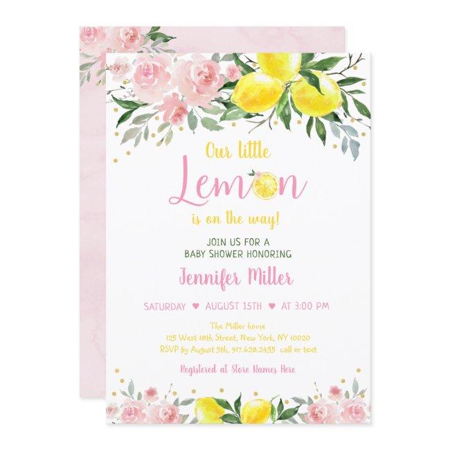 Lemonade Sunshine Pink Gold Floral Baby Shower Invitation