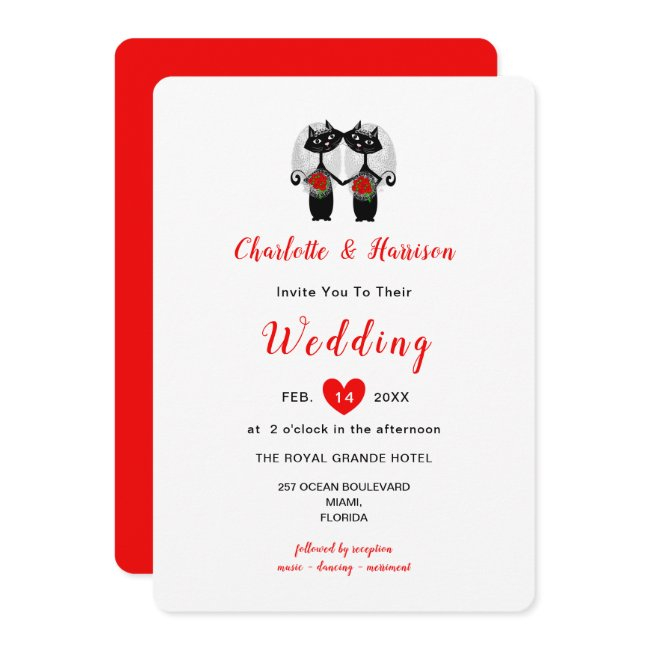 Lesbian Cute Whimsy Black Cats Wedding Invitation