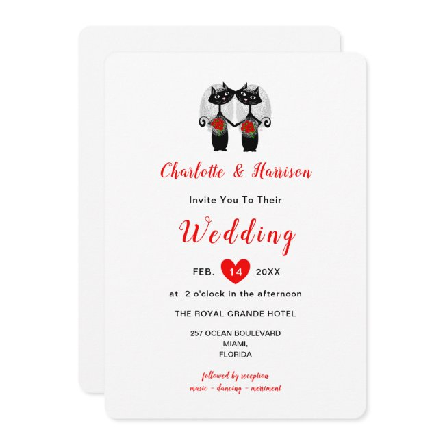 Lesbian Cute Whimsy Black Cats Wedding Invitation