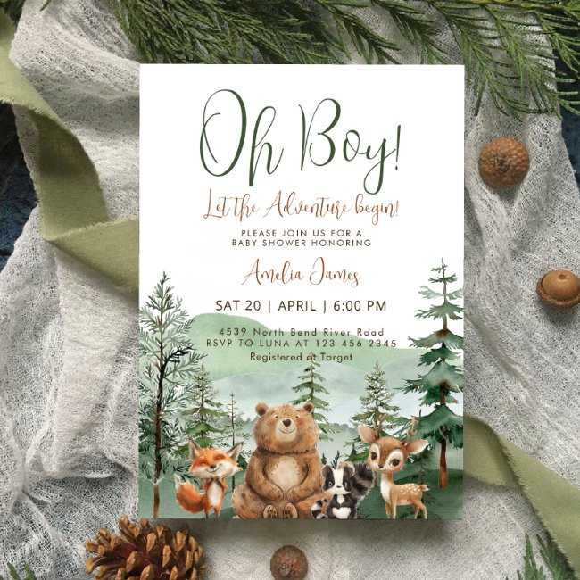 Let The Adventure Begin Woodland Boy Baby Shower Invitation