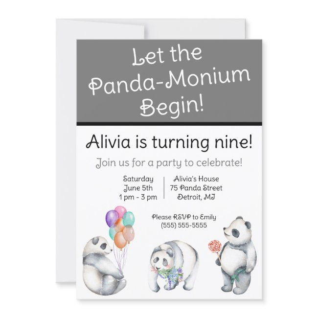 Let The Panda-monium Begin! Panda Themed Birthday Invitation
