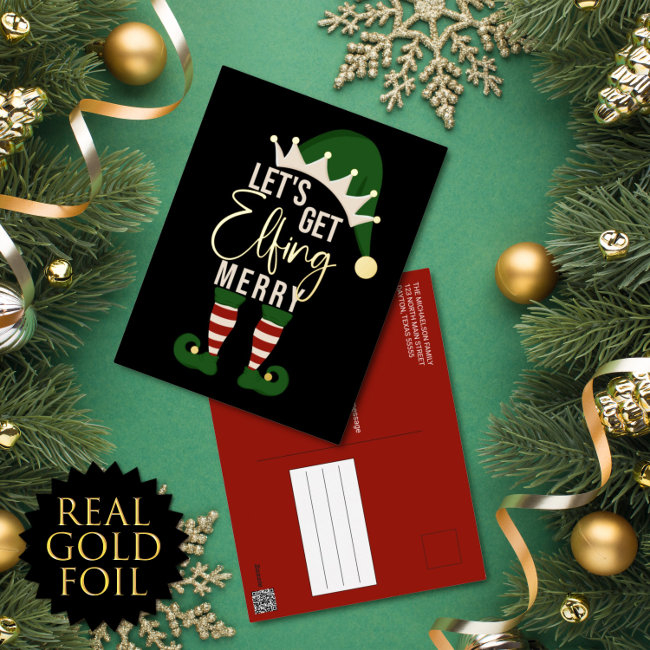 Let's Get Elfing Merry Elf Christmas Gold Foil Hol Foil Holiday Postinvitations
