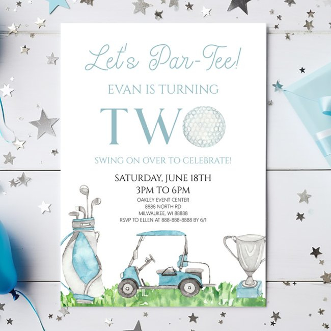 Let's Par-tee Blue Golf 2nd Birthday Party Invitation