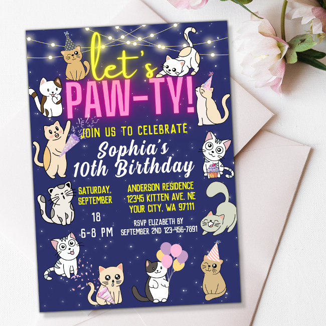 Let's Pawty Neon Pink Glow Cute Kittens Cats Party Invitation
