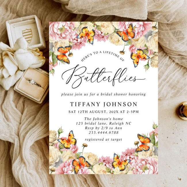Lifetime Of Butterflies Peonies Bridal Shower Invitation