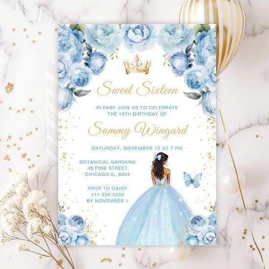 Light Blue Dark Skin Princess Sweet Sixteen Invitation