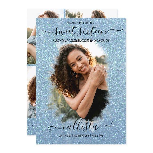 Light Blue Glitter Halo Photo Collage Sweet 16 Invitation