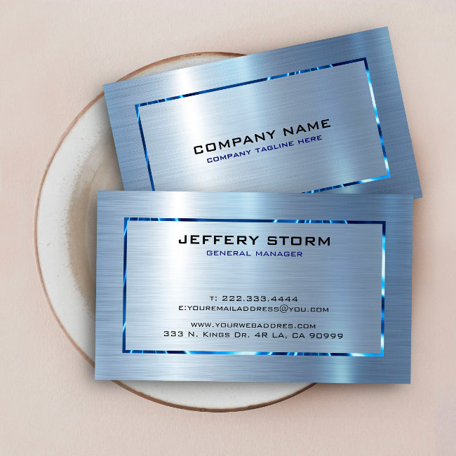 Light Blue Metallic Texture Stainless Steel Look Business Invitations