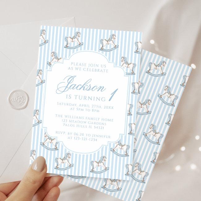 Light Blue Rocking Horse Striped Boho Birthday Boy Invitation