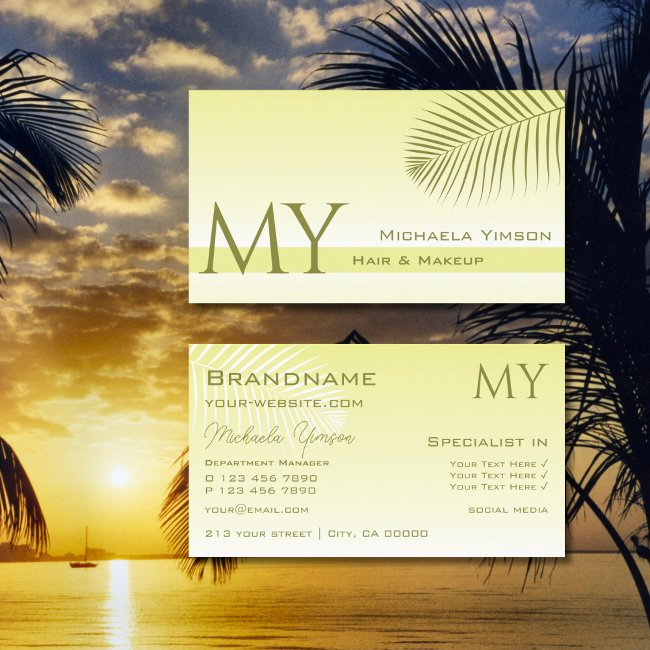 Light Yellow Gradient And Palm Leaf With Monogram Business Invitations