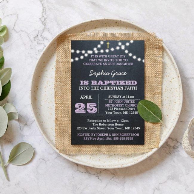Lilac Baptism Chalkboard Lights Invitation