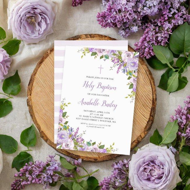 Lilac Floral Baby Girl Baptism Invitation