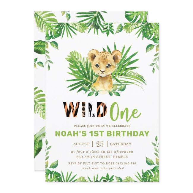Lion Cub Jungle Safari Greenery Boy 1st Birthday Invitation