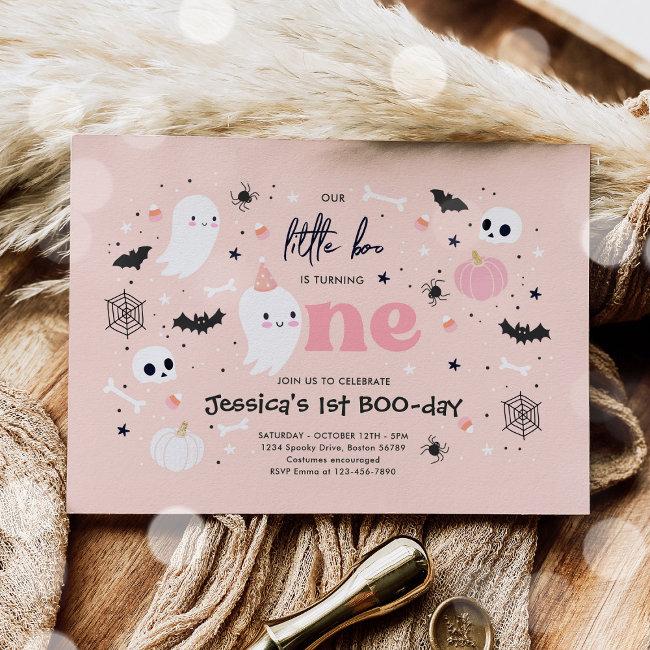 Little Boo Cute Pink Ghost Halloween 1st Birthday Invitation