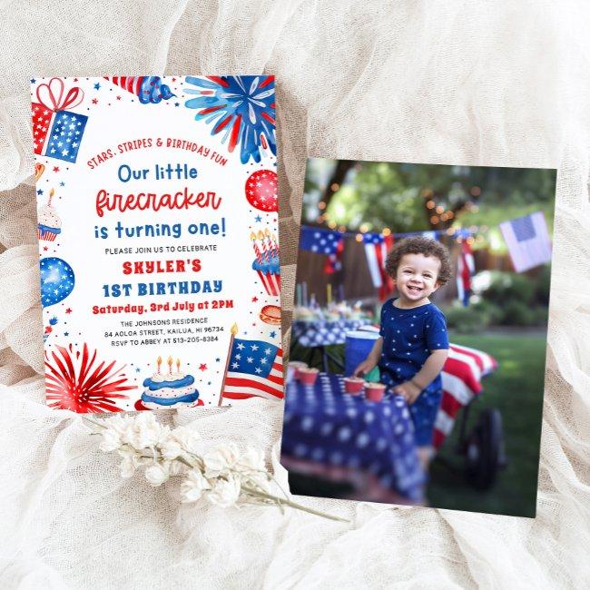 Little Firecracker 4th Of July 1st Birthday Party Invitation