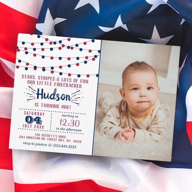 Little Firecracker 4th Of July Photo 1st Birthday Invitation