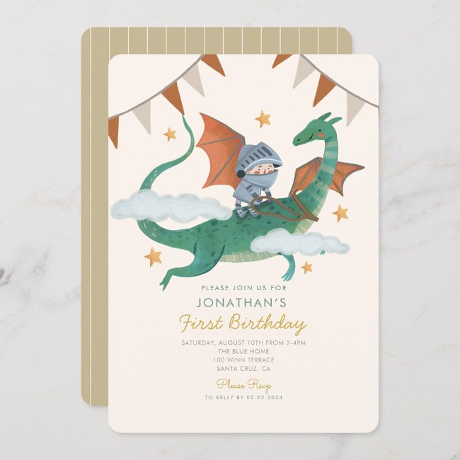 Little Knight With Dragon First Birthday Invitation